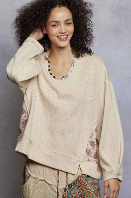 POL Balloon Sleeve Oversized Ribbed Top with Floral Pattern Contrast