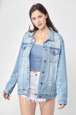 RISEN Full Size Distressed Long Sleeve Denim Jacket - TopFashionHQ