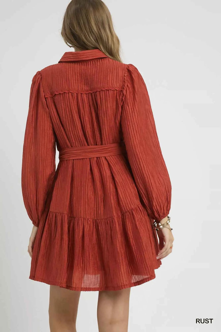 Umgee Crinkle Button-Front Tiered Mini Dress with Waist Tie
