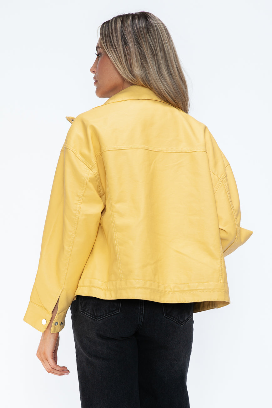 How Dare U Drawstring Hem PU Leather Zip Up Jacket - TopFashionHQ
