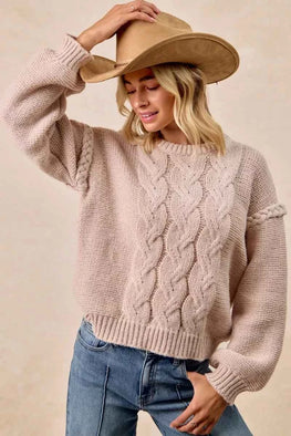 BiBi Cable Knit Sweater with Shoulder Braid Detail
