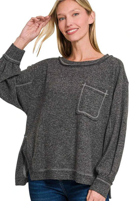 Zenana Brushed Hacci Hi-low Round Neck Knit Top
