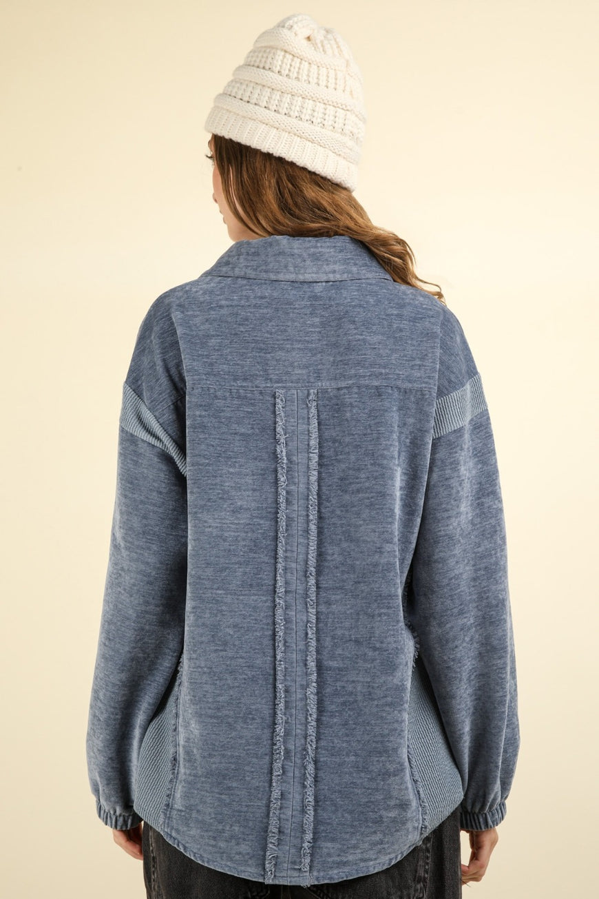 VERY J Mixed Media Button Down Raw Hem Shacket - TopFashionHQ