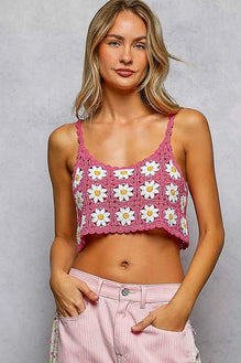 POL Floral Pattern Crochet Cropped Cami with Scalloped Edge