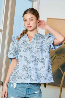 Umgee Floral Print Puff Sleeve Casual Blouse