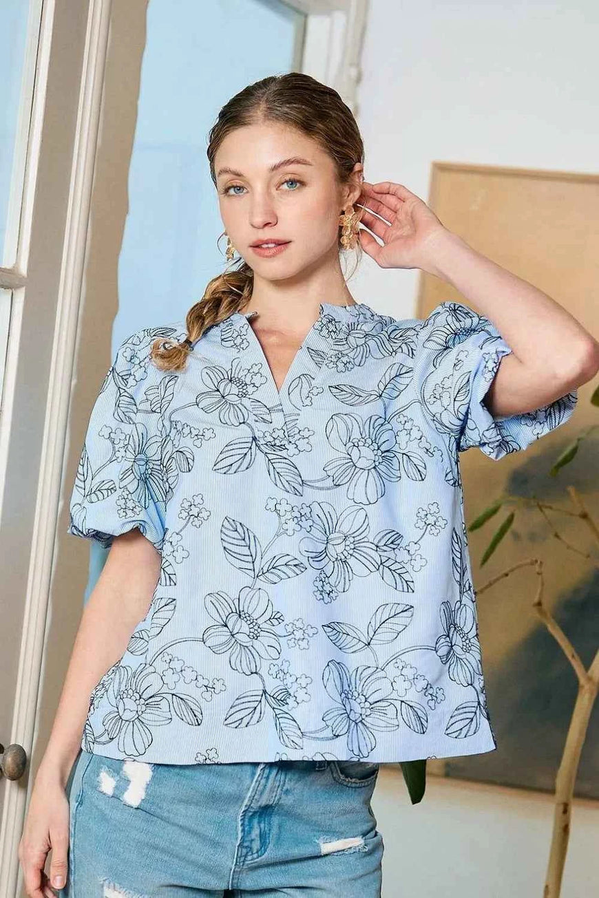 Umgee Floral Print Puff Sleeve Casual Blouse
