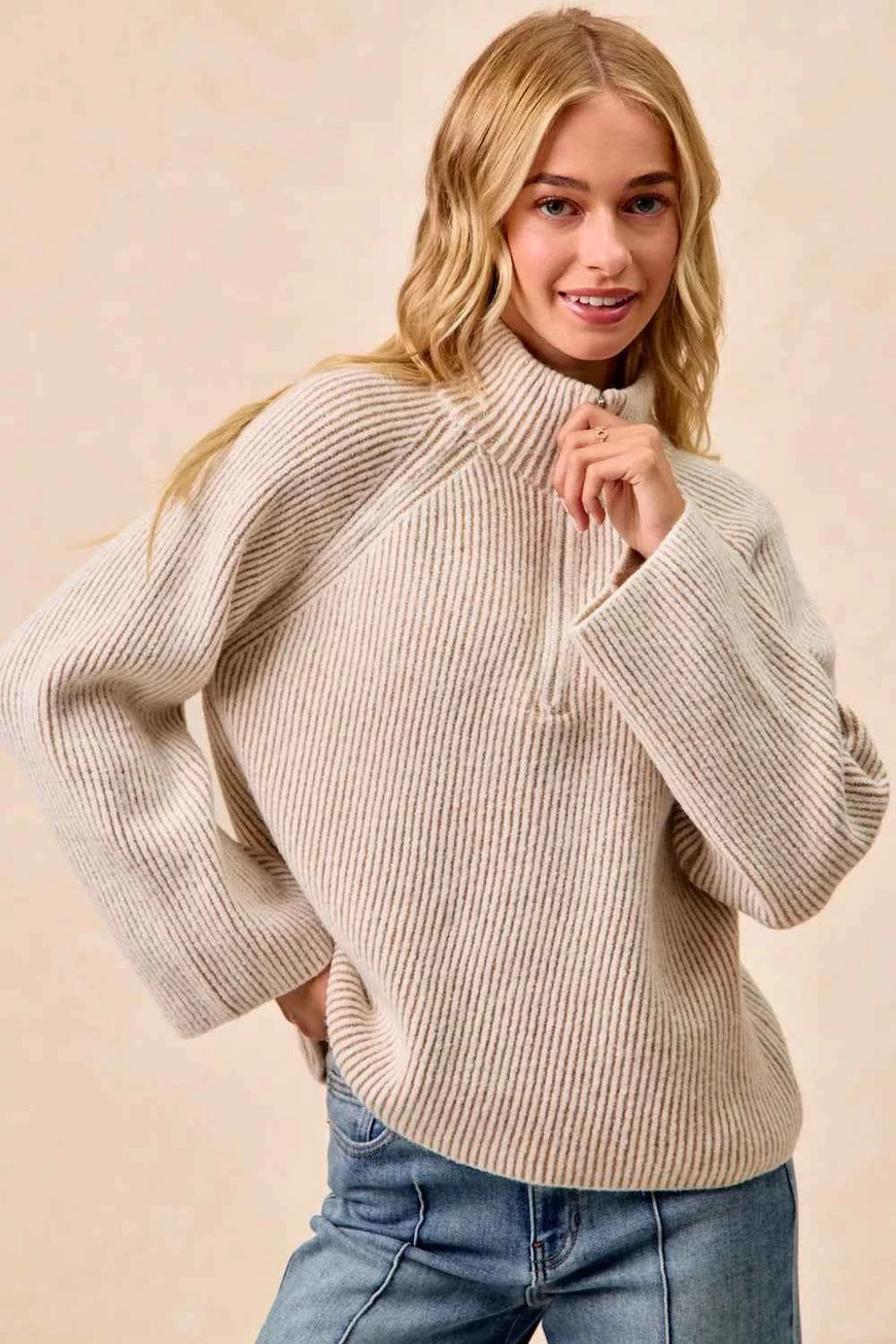 BiBi Two Tone Rib Texured Knit Collared Top with Zip Up