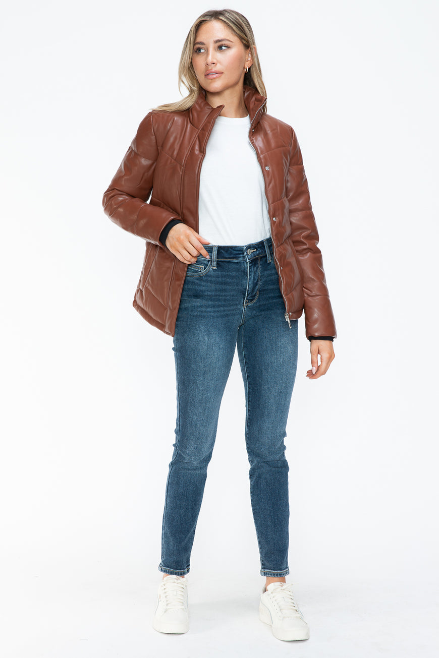 Snobbish Pocketed Zip Up Turtleneck Puffer Jacket - TopFashionHQ