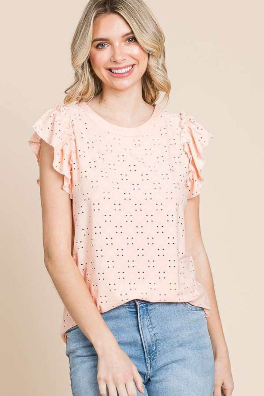 Culture Code Eyelet Round Neck Ruffled Cap Sleeve Top - TopFashionHQ