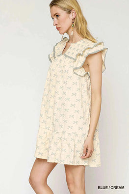 Umgee Bow Print Ruffled Cap Sleeve Mini Dress