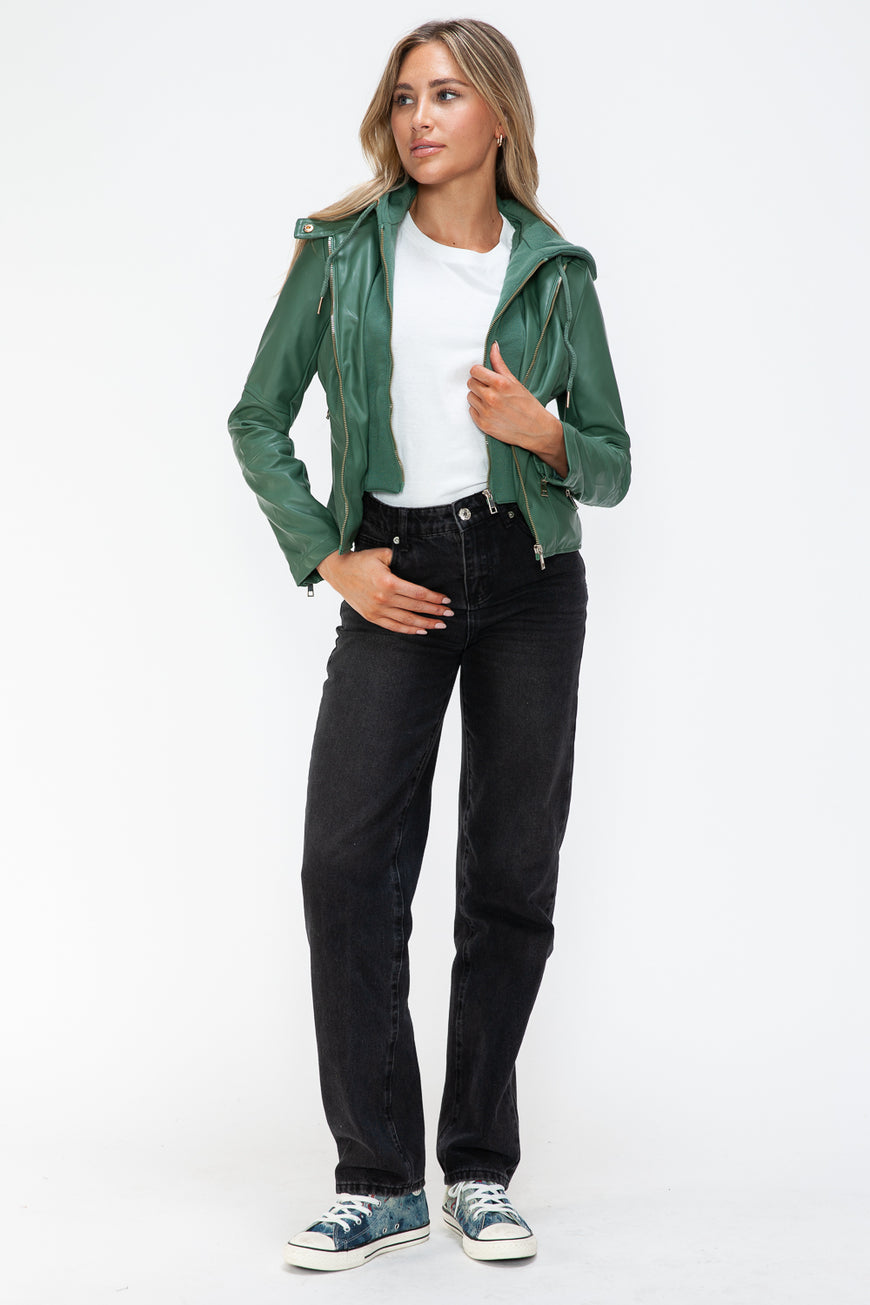 Snobbish Faux Leather Zip Up Drawstring Hooded Jacket - TopFashionHQ