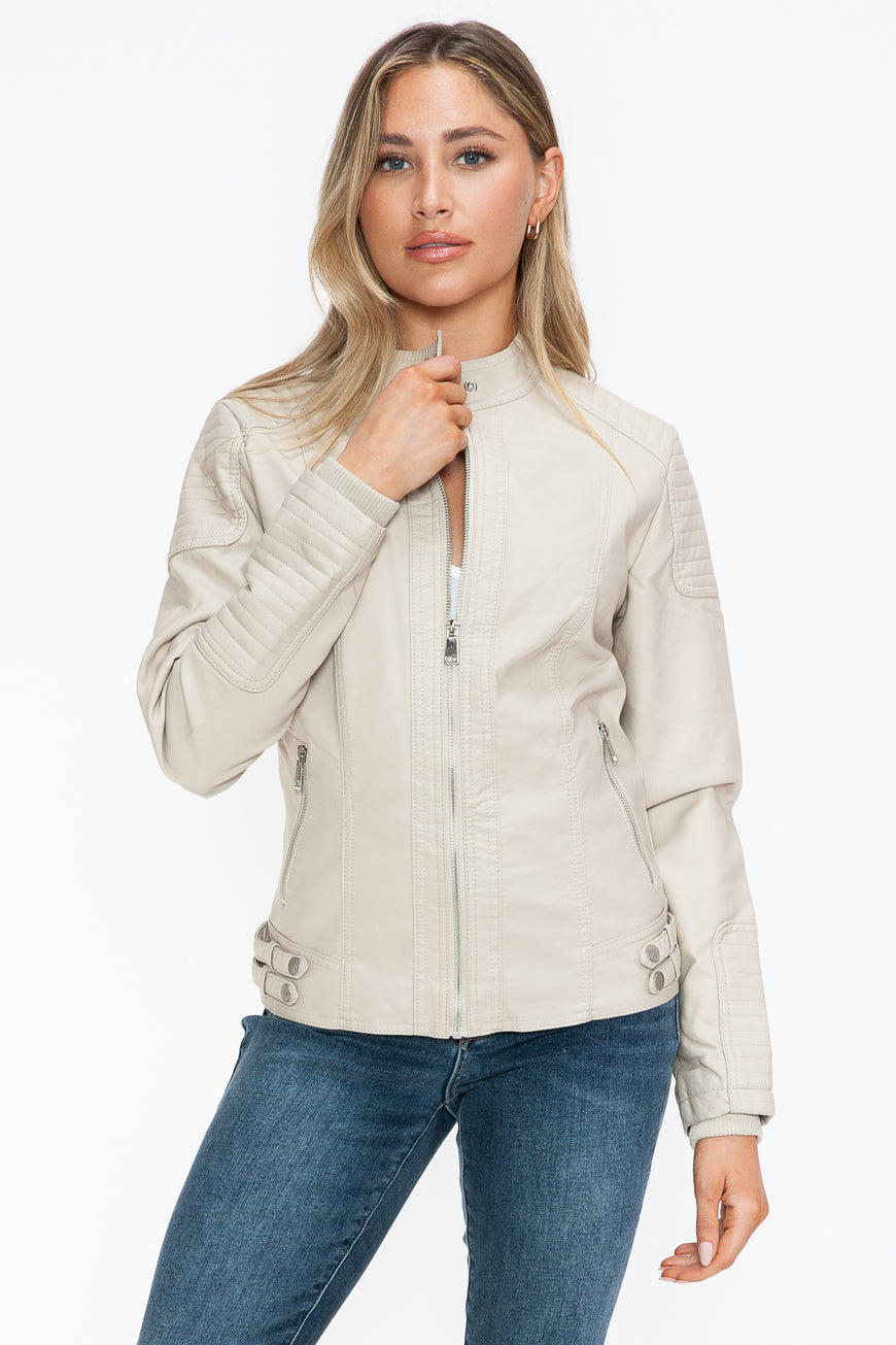 Snobbish Faux Leather Biker Jacket with Side Zip Pockets - TopFashionHQ
