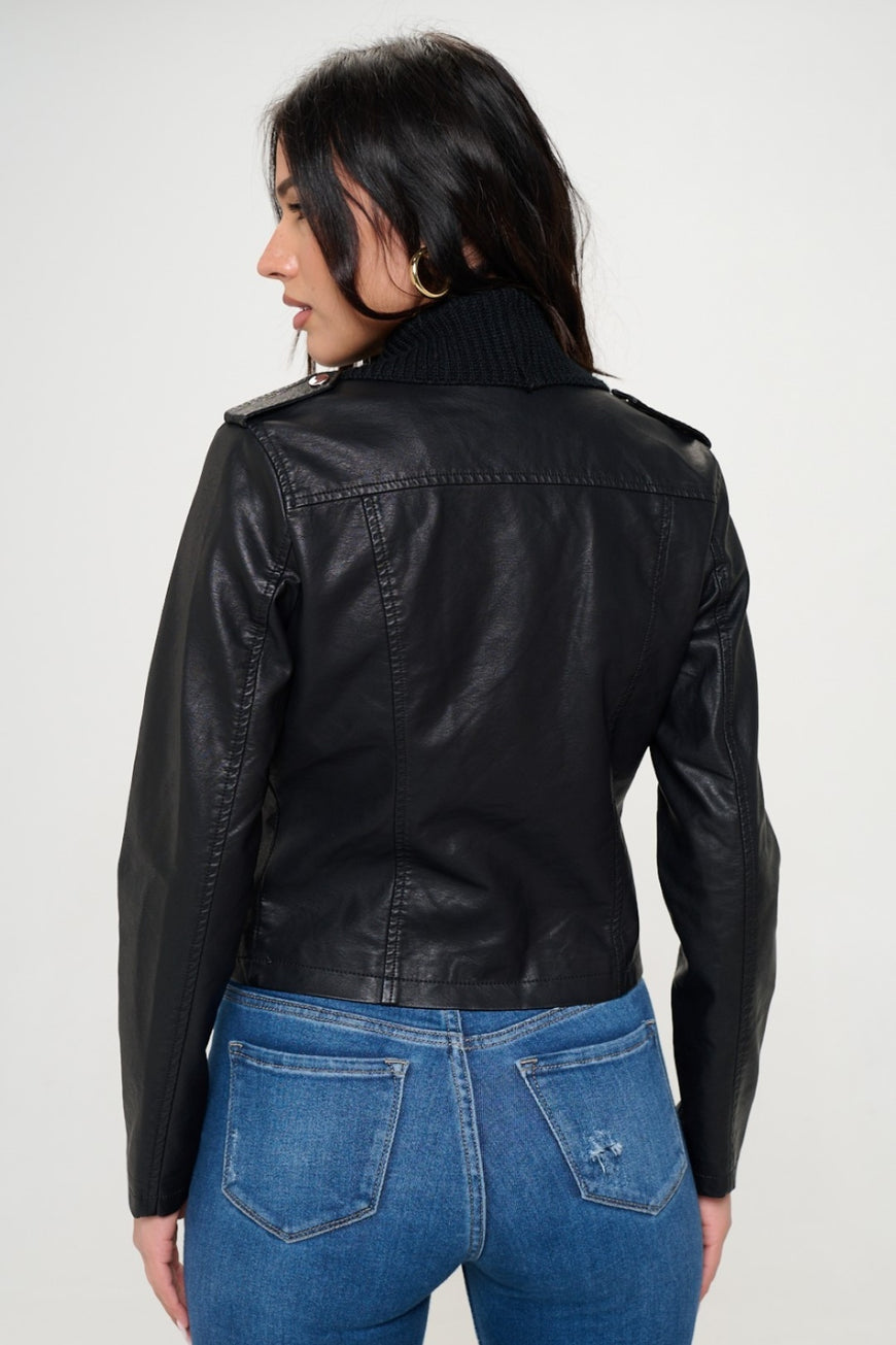 Coalition LA Knit Collared Faux Leather Crop Jacket - TopFashionHQ