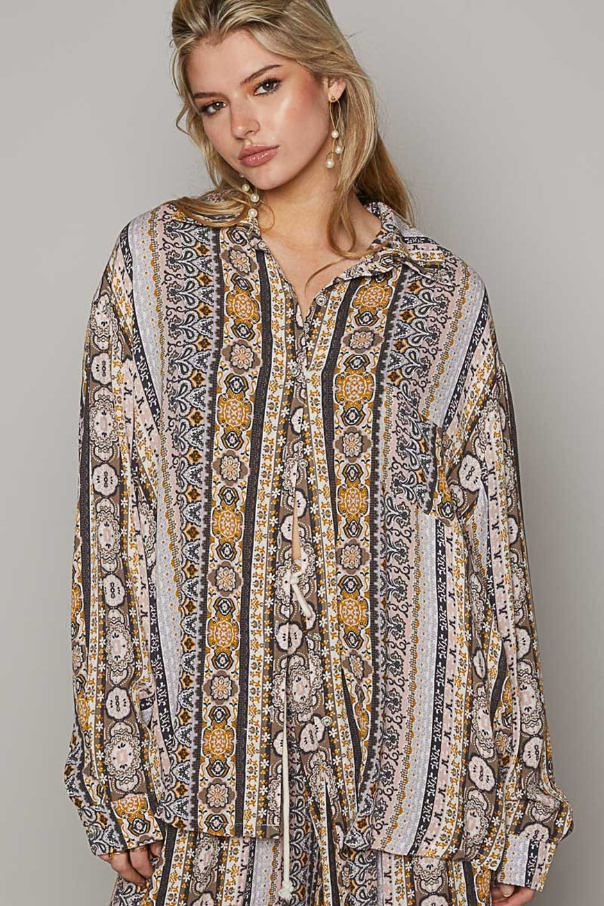 POL Long Sleeve Button Down Printed Shirt - TopFashionHQ