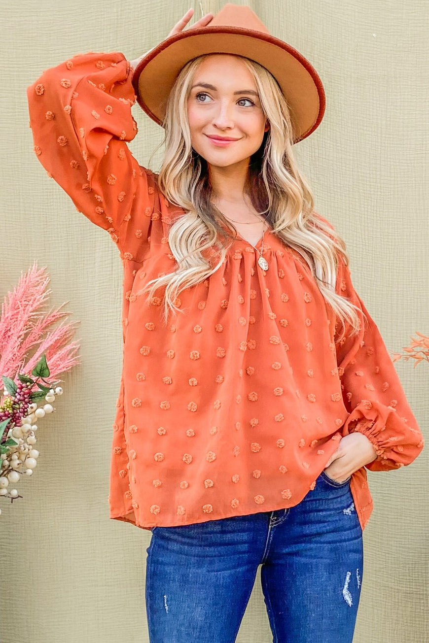 And The Why Swiss Dot V Neck Balloon Sleeve Woven Blouse - TopFashionHQ