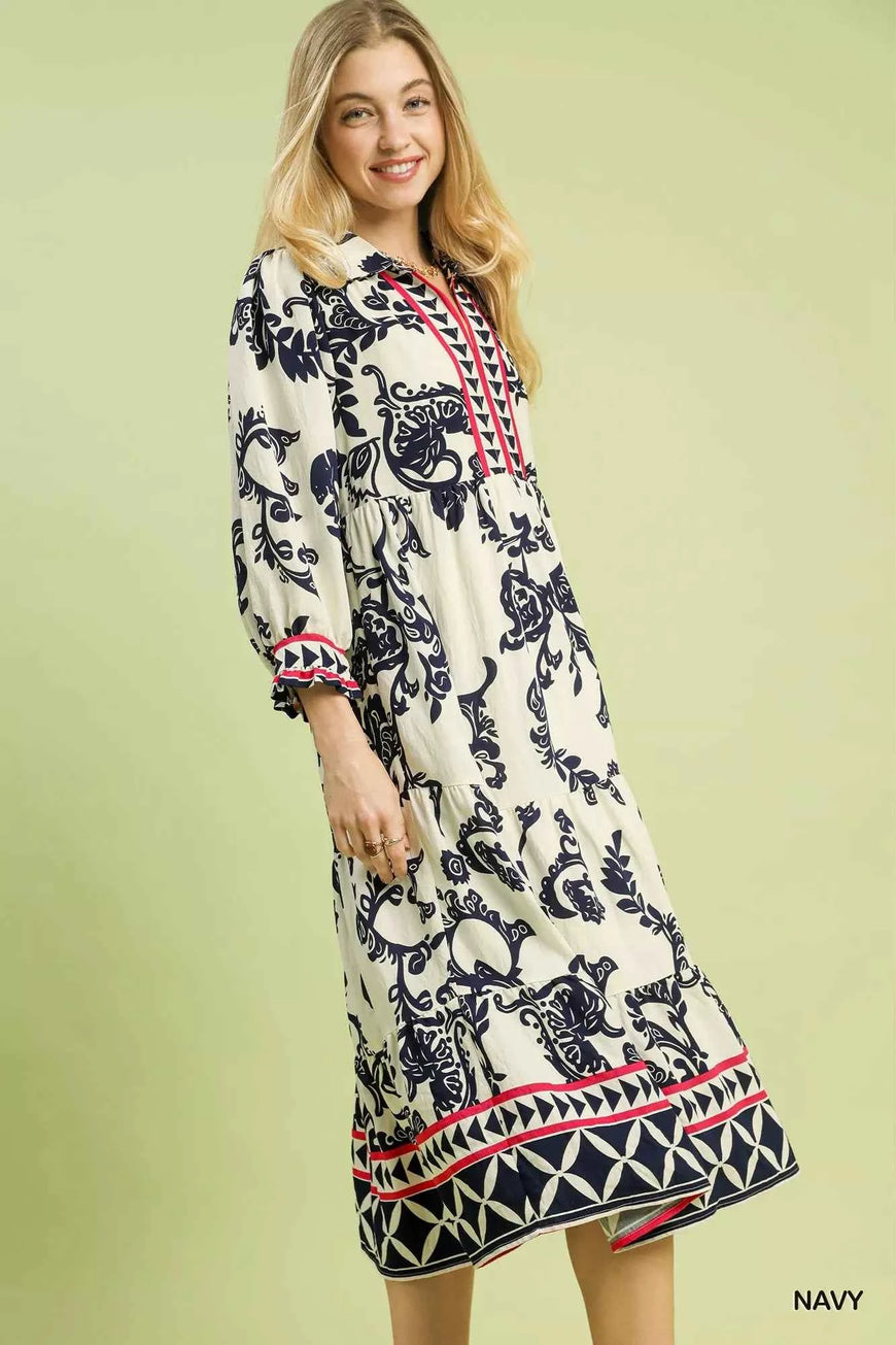 Umgee Boho Print Tiered Midi Dress