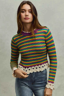 SO ME Mardi Gras Striped Cropped Knit Top with Crochet Edge