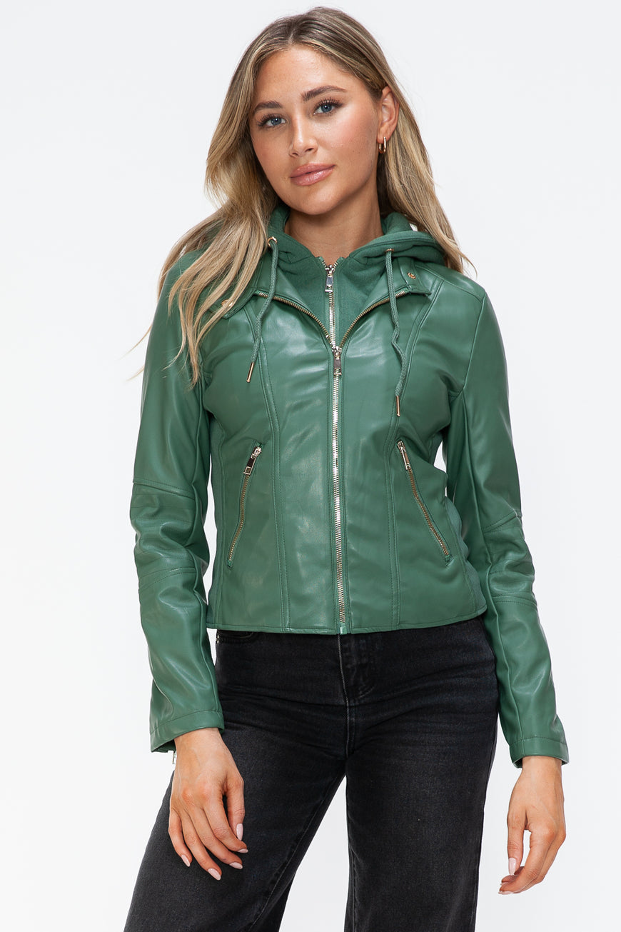 Snobbish Faux Leather Zip Up Drawstring Hooded Jacket - TopFashionHQ