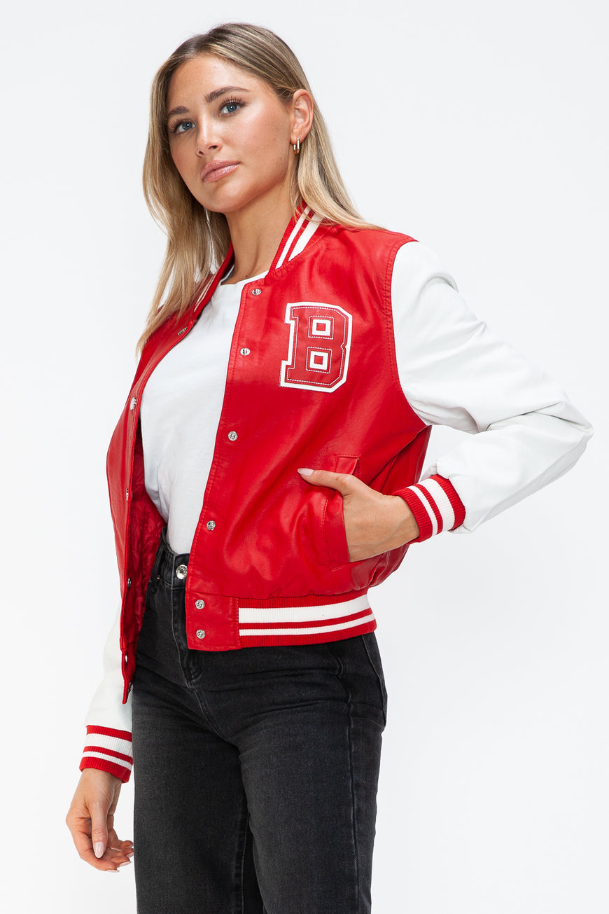 Love Me Now PU Leather Contrast Snap Down Bomber Jacket - TopFashionHQ