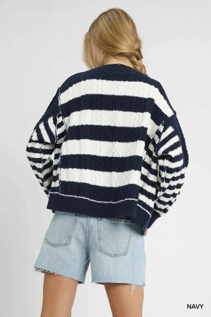 Umgee Cable-Knit Stripe Button-Up Cardigan