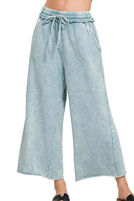 Zenana Washed French Terry Palazzo With Pockets