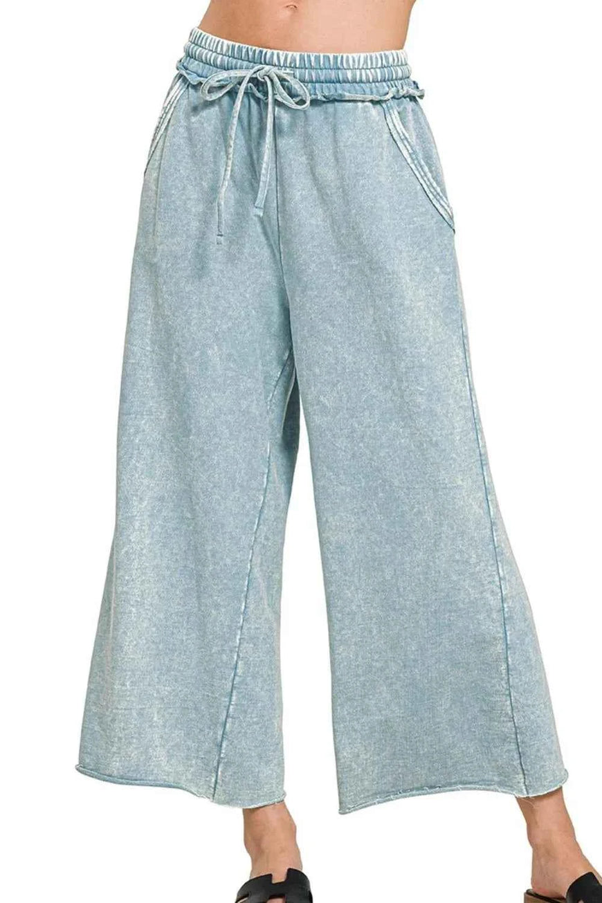 Zenana Washed French Terry Palazzo With Pockets