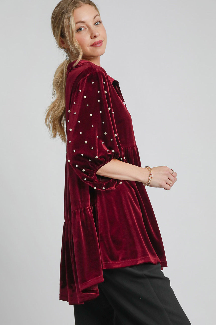 Umgee Pearl Detail Collared Neck Velvet Babydoll Blouse - TopFashionHQ
