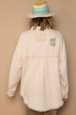 POL Button Down Raw Hem Distressed Shacket - TopFashionHQ