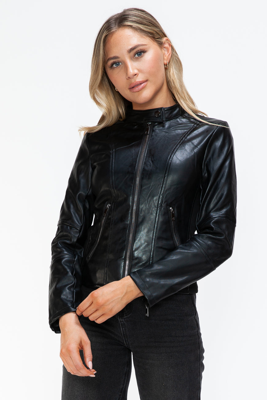 Snobbish Faux Leather Zip Up Drawstring Hooded Jacket - TopFashionHQ