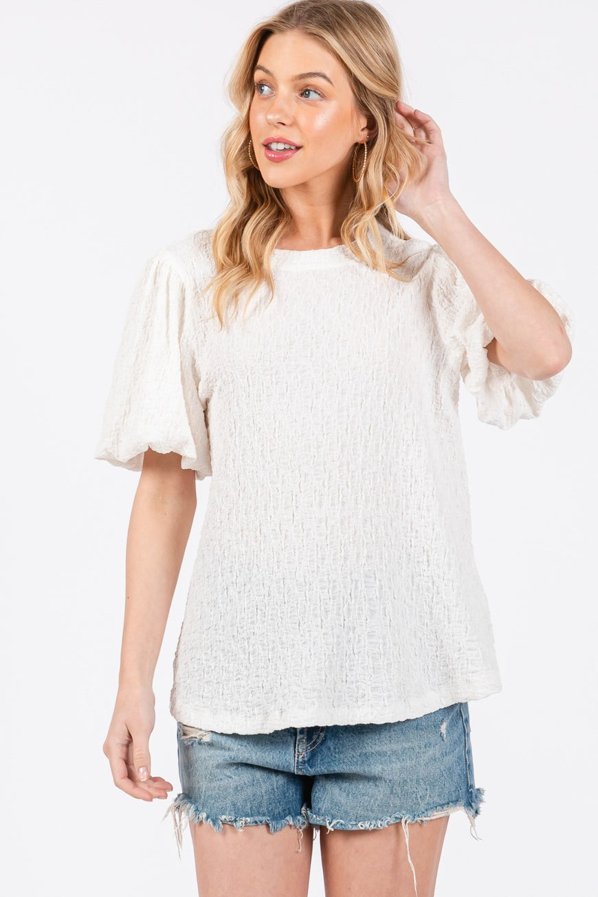 Ces Femme Textured Puff Sleeve Top - TopFashionHQ