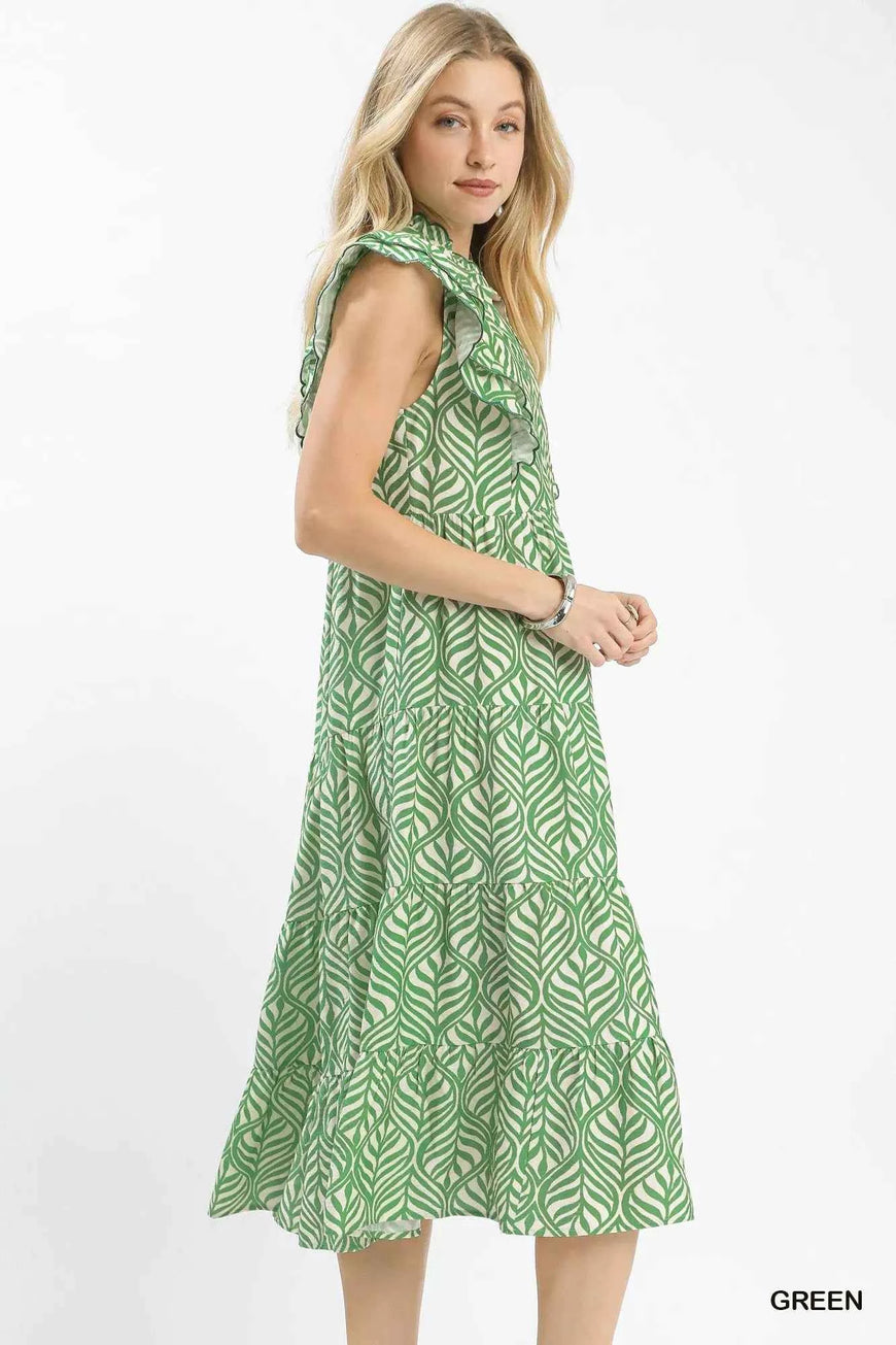 Umgee Leaf Print Tiered Midi Dress with Ruffle Detail