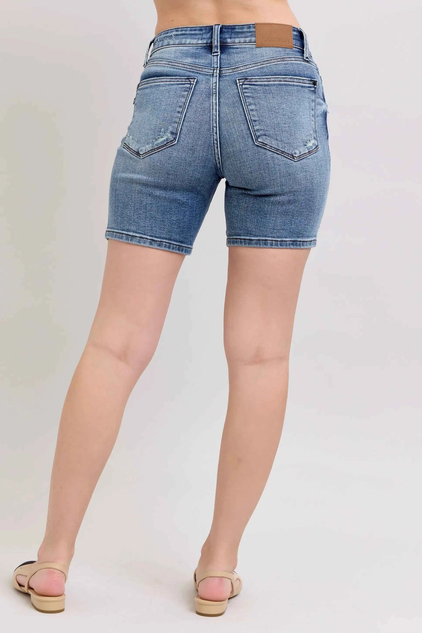 Judy Blue Button Fly Mid Length Denim Shorts W/ Destroy