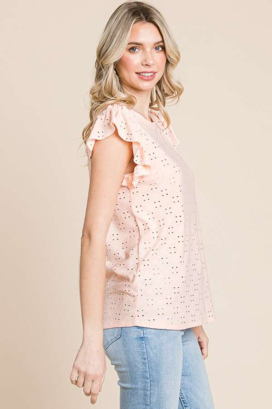 Culture Code Eyelet Round Neck Ruffled Cap Sleeve Top - TopFashionHQ