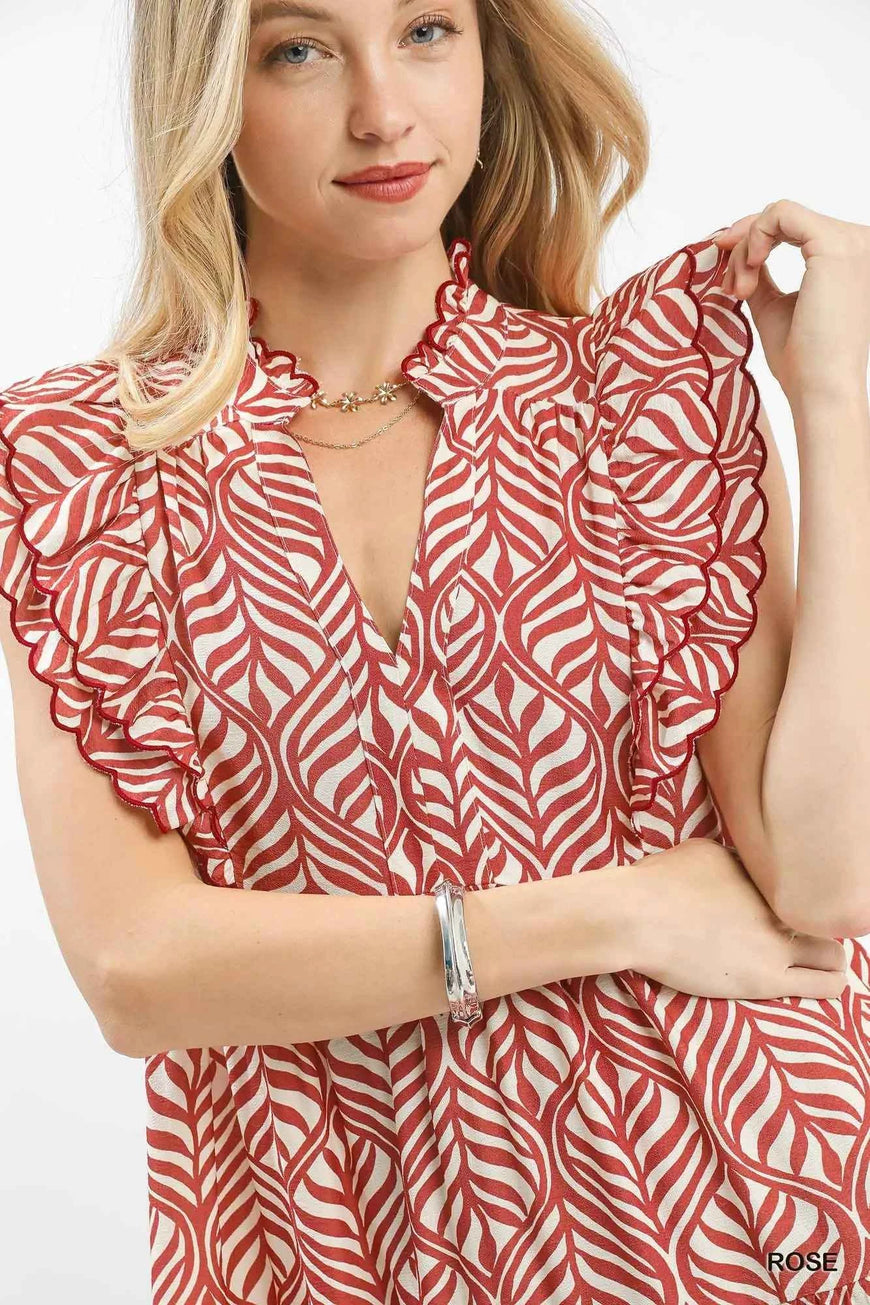 Umgee Leaf Print Tiered Midi Dress with Ruffle Detail