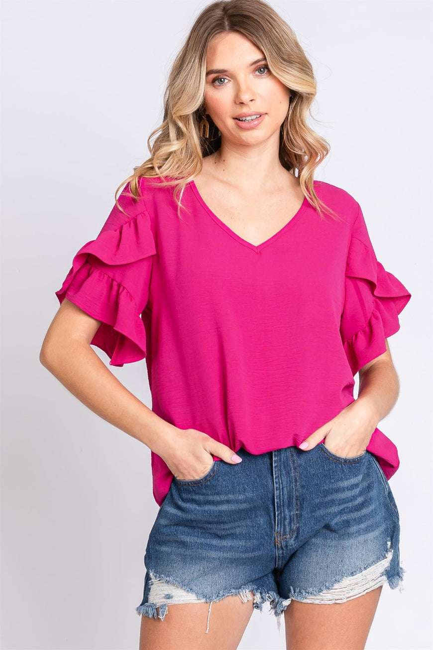 GeeGee V-Neck Ruffle Trim Short Sleeve Blouse - TopFashionHQ