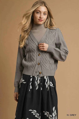 Umgee Chunky Cable Knit V-Neck Button-Up Cardigan