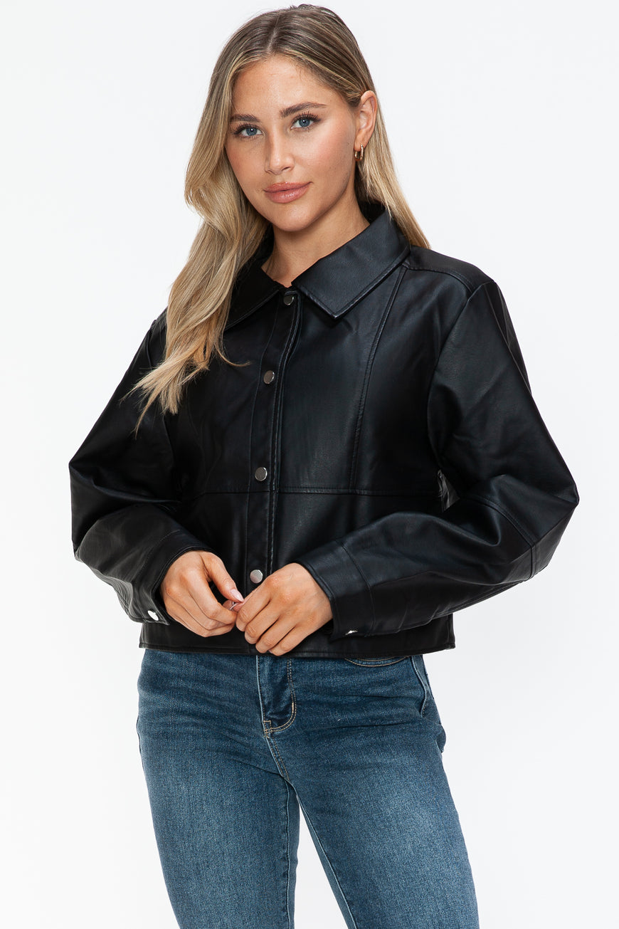 Snobbish Snap Down Long Sleeve PU Leather Jacket - TopFashionHQ
