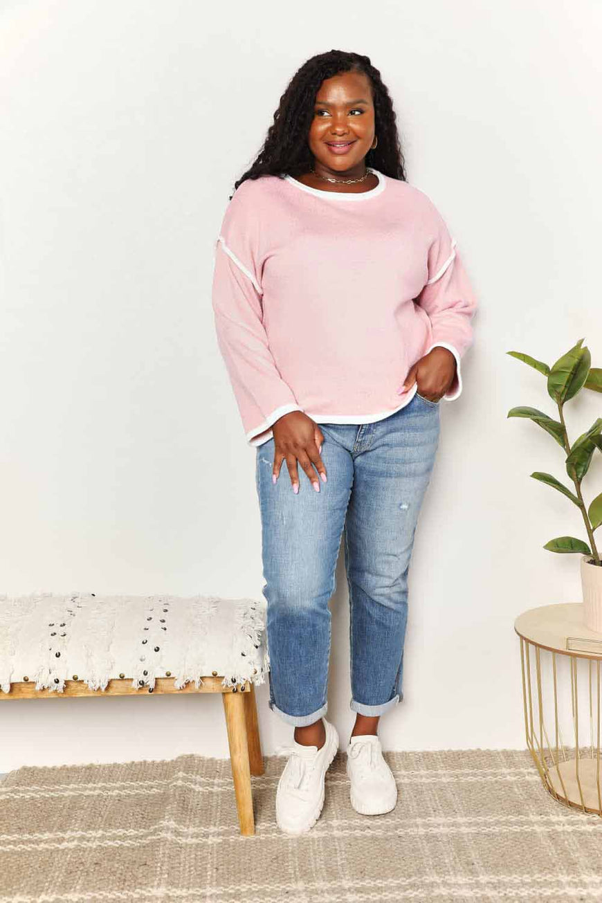 Double Take Contrast Detail Dropped Shoulder Knit Top - TopFashionHQ