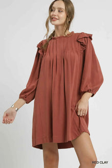 Umgee Linen Ruffle Shoulder Pleated Babydoll Dress