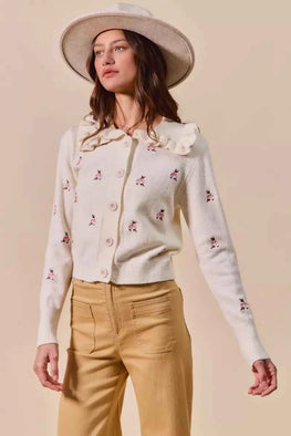 SO ME Collared Floral Embroidered Button Down Sweater Cardigan