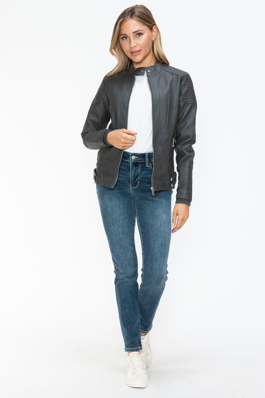 Snobbish Faux Leather Biker Jacket with Side Zip Pockets - TopFashionHQ