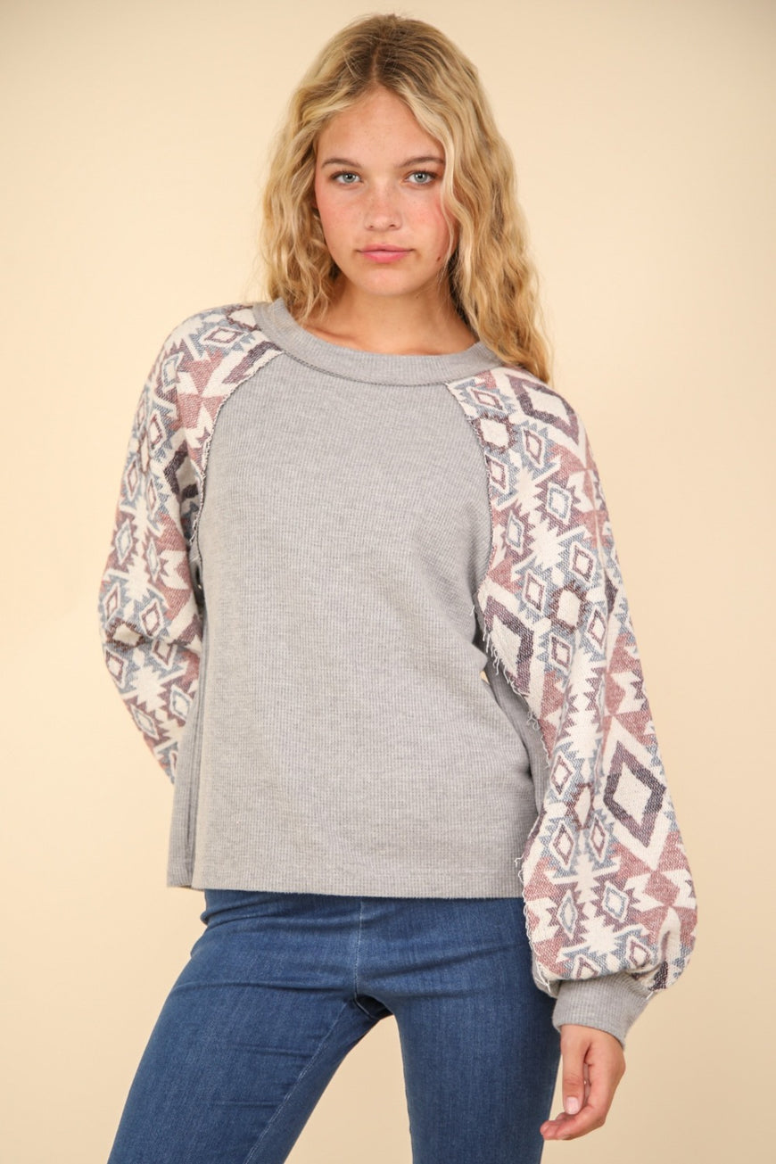 VERY J Printed Long Sleeve Round Neck Knit Top - TopFashionHQ