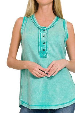 Zenana Washed Half-Button Raw Edge Sleeveless Henley Top