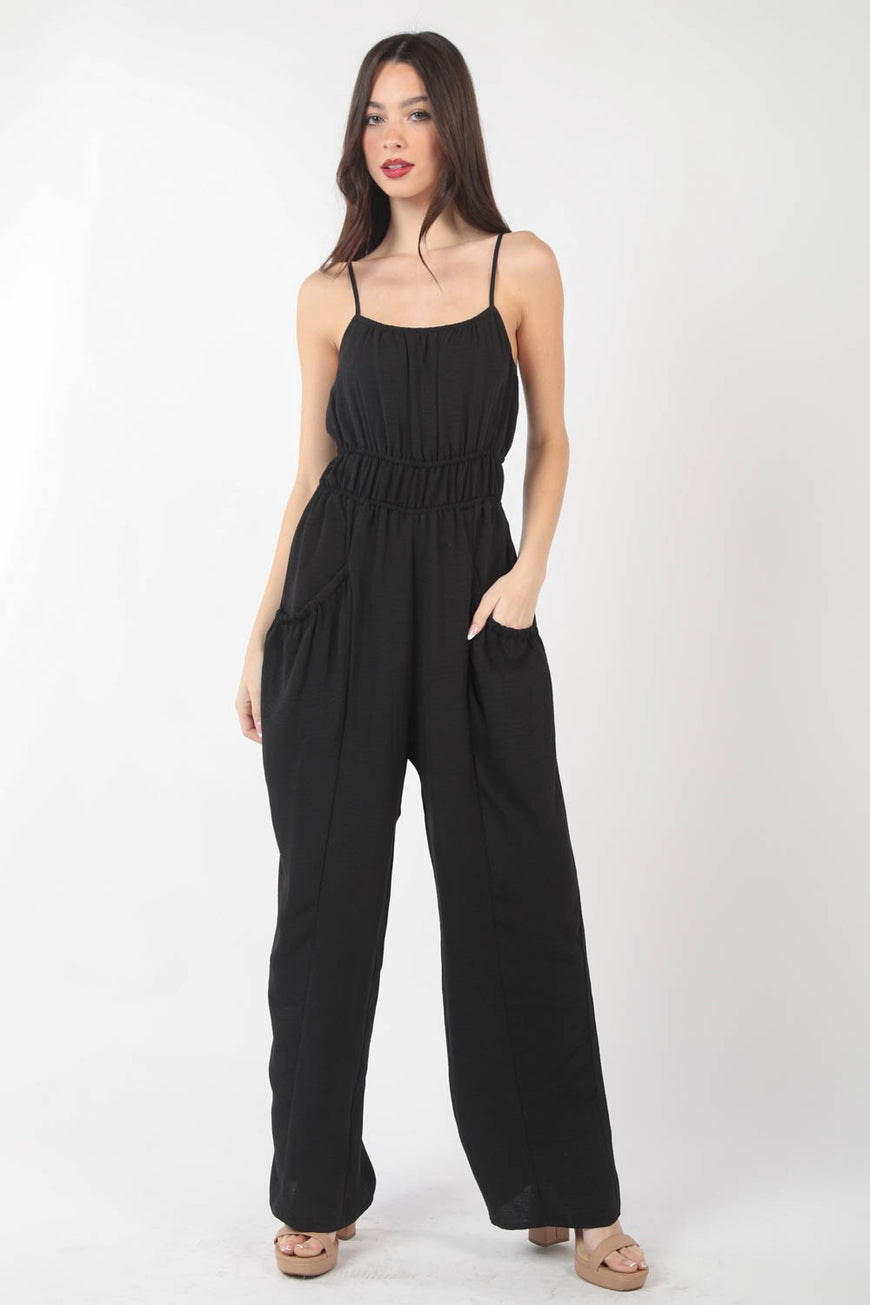 VERY J Pintuck Detail Woven Sleeveless Jumpsuit - TopFashionHQ