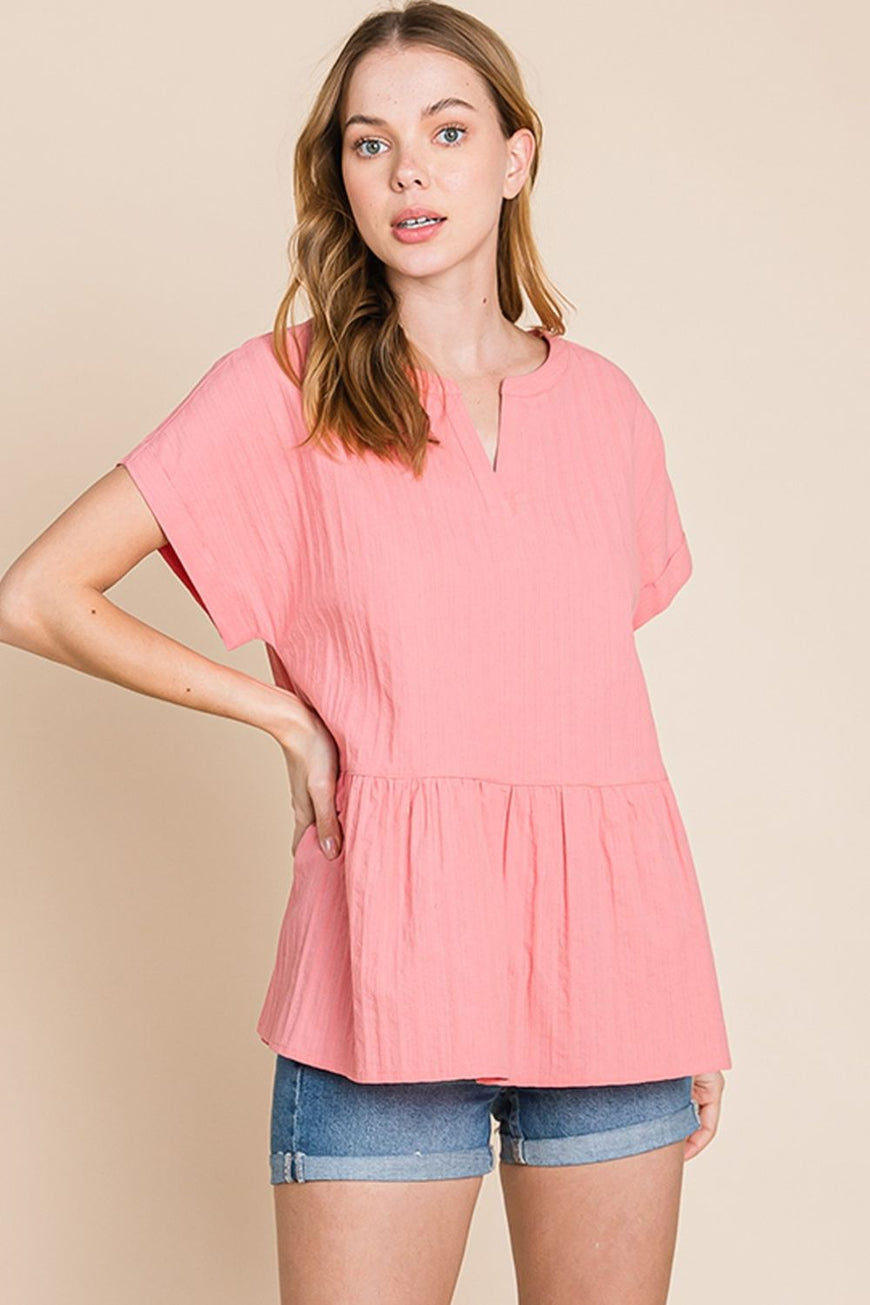 Cotton Bleu by Nu Label Notched Short Sleeve Peplum Top - TopFashionHQ