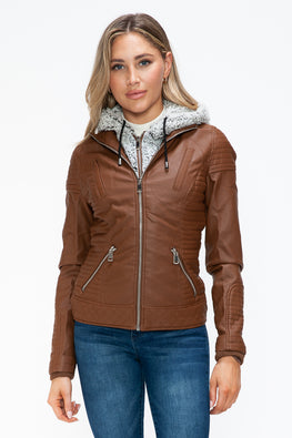 YMI Faux Layered Double-Zipper Jacket with Fuzzy Hood