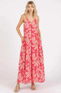 Mittoshop Printed V-Neck Maxi Cami Dress with Pockets