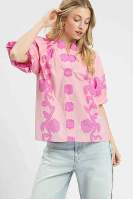 Umgee Floral Smocked Notched Puff Sleeve Blouse