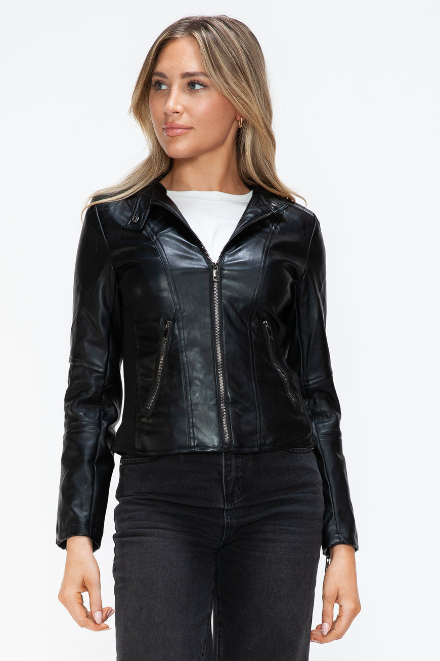 Snobbish Faux Leather Zip Up Drawstring Hooded Jacket - TopFashionHQ