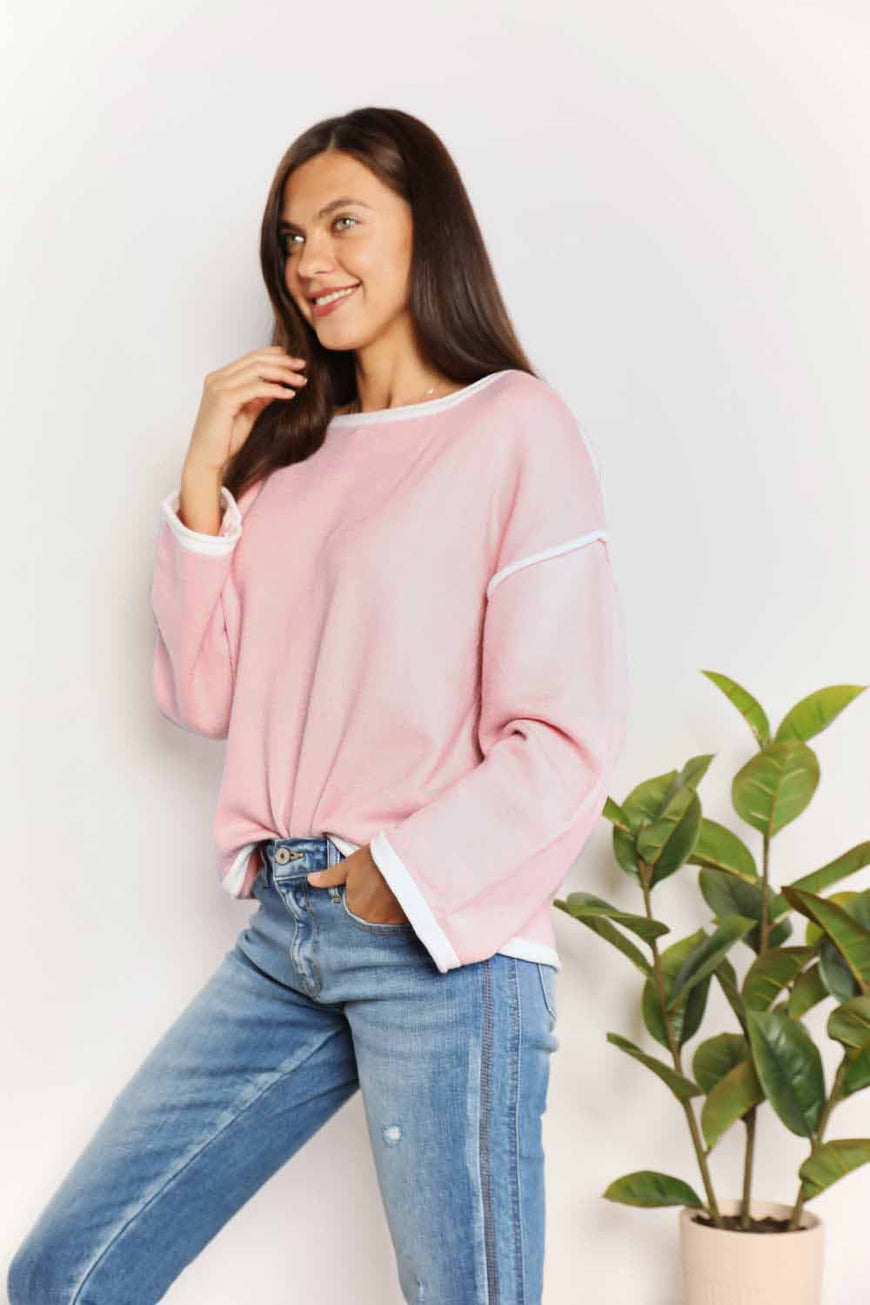 Double Take Contrast Detail Dropped Shoulder Knit Top - TopFashionHQ